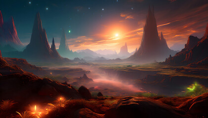 Alien Planet Landscape Dramatic Sunset over Red Mountains and Valley