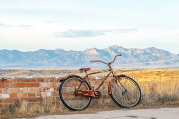 Fototapeta premium A vintage, rusty bicycle leans against a brick wall with a mountainous landscape in the background under a soft, cloudy sky.