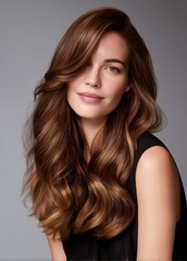 Fototapeta premium A woman with long wavy brown hair is posing for a picture