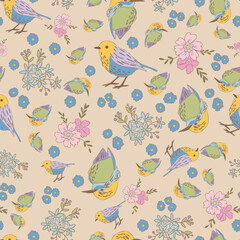 Pastel Birds and Flowers Vector Seamless Pattern n a whimsical vintage style