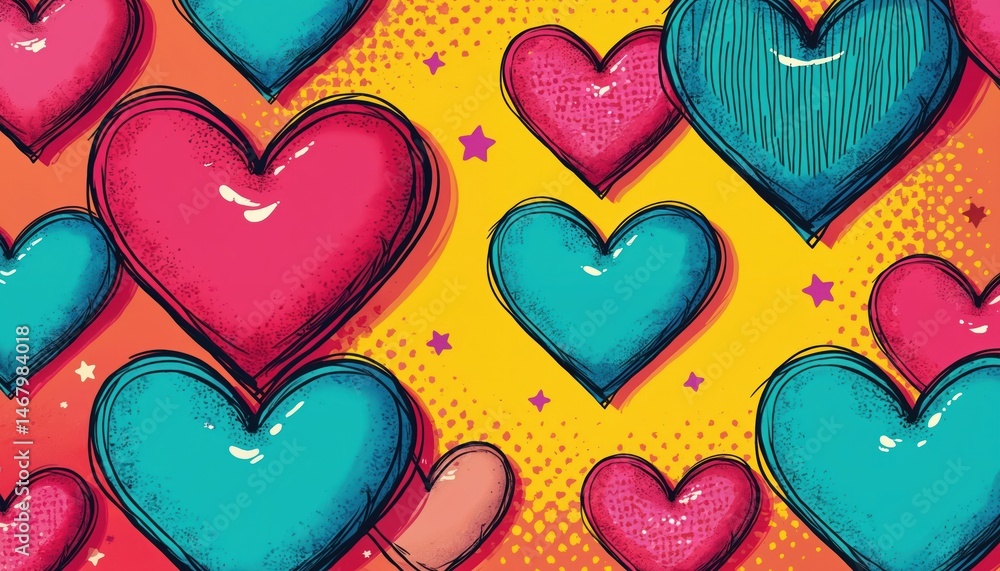 Poster pop art illustration with heart star pattern in vivid colors. digital design with modern aesthetic. 