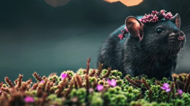 A charming mouse, wearing a tiny floral crown, sits on a mushroom, with a twinkling fairy light background