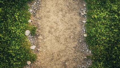 A narrow dirt path flanked by lush green grass, showing small stones embedded in the path and along its edges