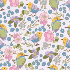 Pastel Birds and Flowers Vector Seamless Pattern n a whimsical vintage style