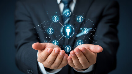 Team Management and Leadership Network in Businessman Hands