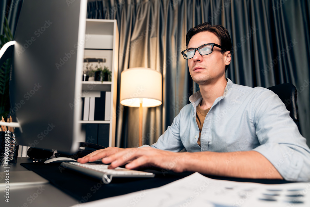 Poster smart businessman analyzing business paragraph dynamic database marketing analysis plan surrounded p