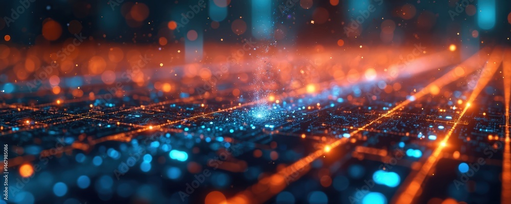 Poster abstract digital illustration illuminated fiber optic connections, intertwining into quantum computi