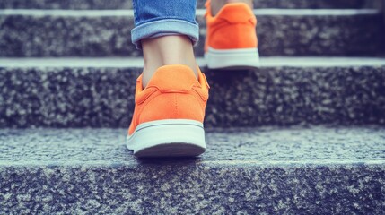 Woman's feet in orange sneakers climbing a staircase.  Active lifestyle concept.