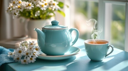 Fototapeta premium A light teal teapot and cup filled with steaming tea, beside a vase of daisies
