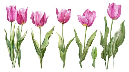 Obraz premium Blooming Pink Tulips Watercolor Floral Set on White.