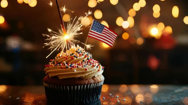 Festive cupcake with sparkler and small American flag, perfect for celebrations.
