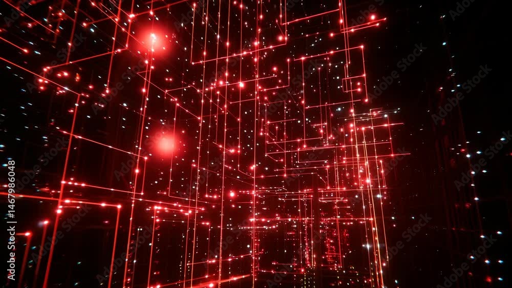 Aufkleber futuristic abstract image with glowing red and white lights in a digital grid.