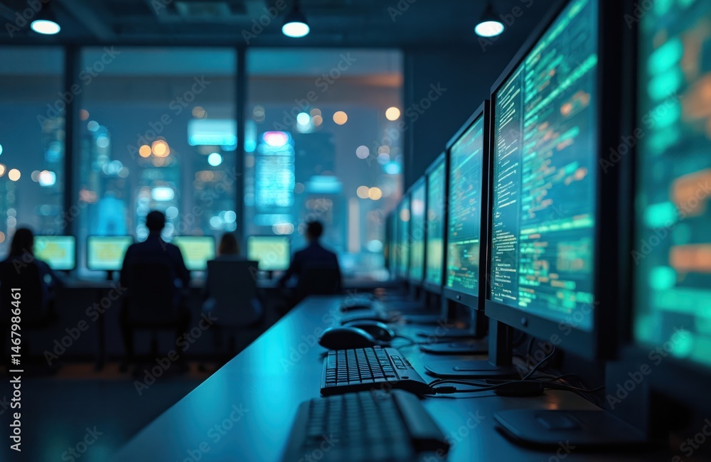 Leinwandbilder Cybersecurity operations center with team monitoring responding to cyber threats. Tech experts working at computers in high-tech control room analyzing digital information. Security network