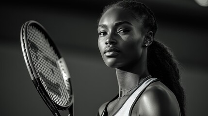 A young Black woman tennis player, intense gaze, holding her racket. Monochromatic portrait.