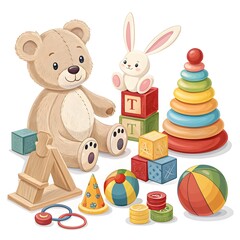 Obraz premium Children's Day World of Playful Toys. A collection of colorful toys including a teddy bear, blocks, and a stacking tower. Happy Children's Day!
