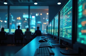 Cybersecurity operations center with team monitoring responding to cyber threats. Tech experts working at computers in high-tech control room analyzing digital information. Security network