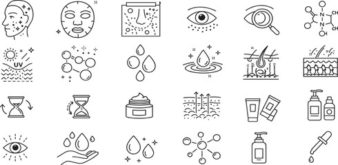 Skin care editable stroke outline icons set isolated on white background flat vector illustration.