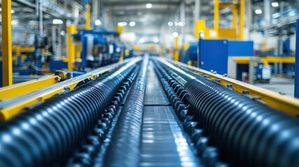 Industrial production line with dark blue corrugated tubes.