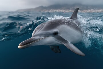 Fototapeta premium Dolphin swims gracefully through a cloud of plastic in the ocean