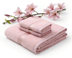 Softness and Serenity: Pink Towels and Lilies. A delicate display of folded pink towels, elegantly arranged with gentle pink lilies, embodying tranquility and comfort.
