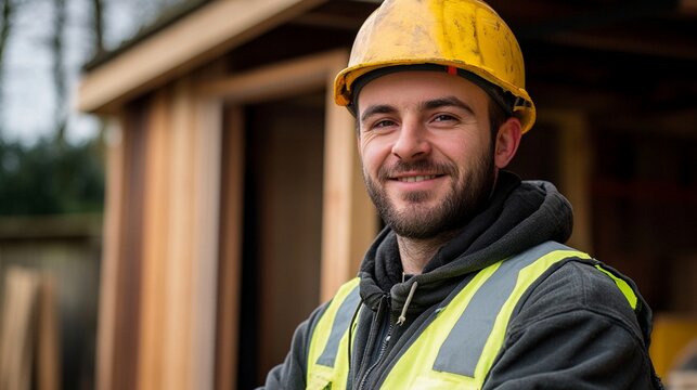 A smiling construction worker wearing a hard hat and safety vest stands proudly in front of a wooden structure, showcasing confidence, dedication, and teamwork in their profession.