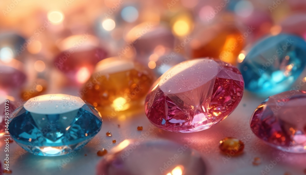 Poster Sparkling close-up view of colorful diamonds in various shapes and sizes. Brilliant facets reflect light, creating vibrant hues. Illuminated warm background with gems of different colors.