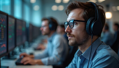 Cybersecurity analysts monitor network traffic, investigate security incidents in real-time at operations center. Data protection, digital defense against cyber threats, security breaches in action.