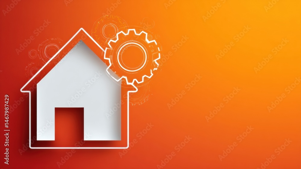 Aufkleber white gradient house outline with gear icon against a vibrant orange background representing home im