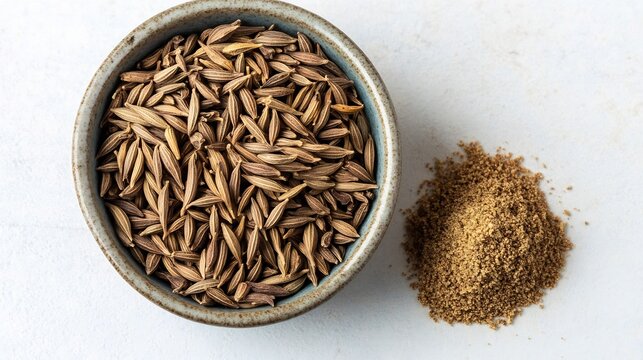 Top down view of a bowl of whole cumin seeds with a small heap of ground cumin beside it arranged neatly on a white surface overlay cut out on isolated transparent removed background