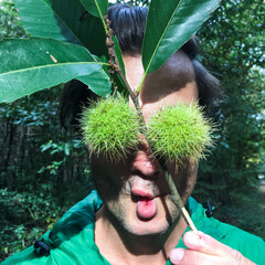 Young man covering his eyes with two closed green outer case of chestnuts, while doing a funny face...