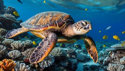 Fototapeta premium Green Sea Turtle in Vibrant Coral Reef