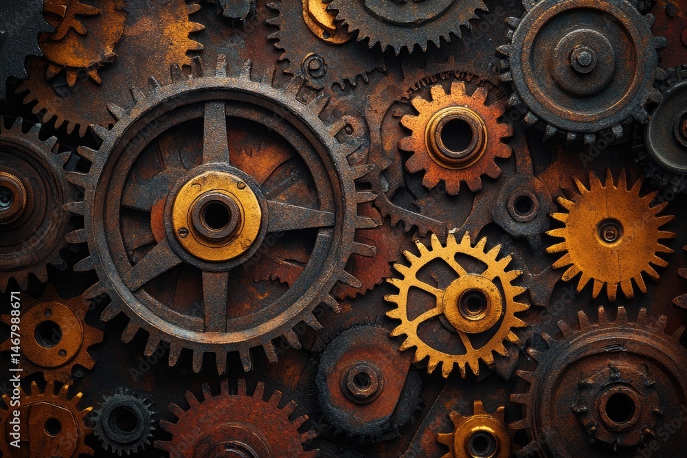 Poster close-up of rustic gears, showcasing intricate details and aged textures, reflecting mechanical comp