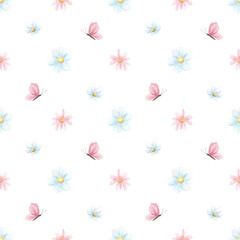 Spring seamless pattern, watercolor. Texture. Small spring flowers. Blooming. Summer. Pink, blue. Home textile, tablecloth. Print for fabric. Floral pattern.