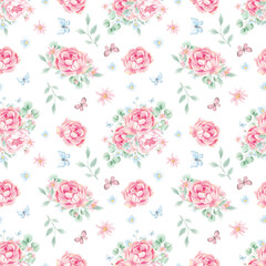 Peony watercolor pattern. Spring, blossom. Pink flowers. Birds. Textiles. Home textiles. Pink peonies. Delicate watercolor print. Wallpaper. Wrapping paper.