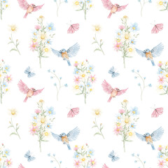 Spring seamless pattern, watercolor. Texture. Small spring flowers. Blooming. Summer. Pink, blue. Home textile, tablecloth. Print for fabric. Floral pattern.