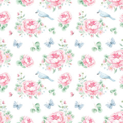 Peony watercolor pattern. Spring, blossom. Pink flowers. Birds. Textiles. Home textiles. Pink peonies. Delicate watercolor print. Wallpaper. Wrapping paper.