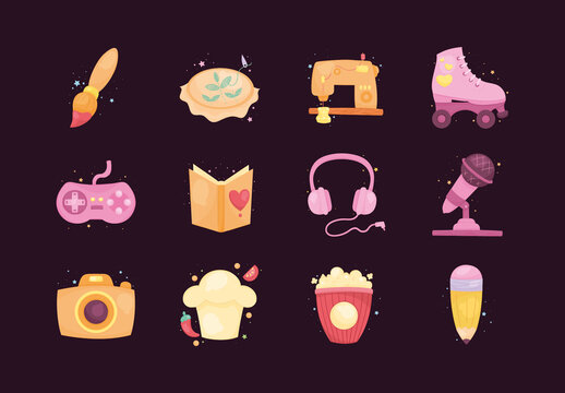 Colorful Gaming Book Music Food Creative Icons Set