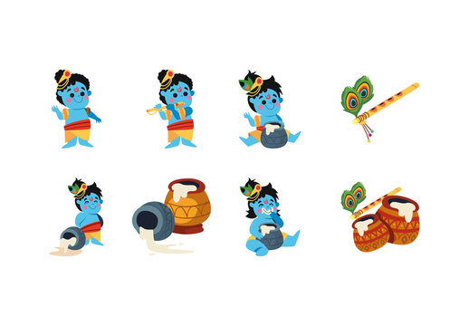 Colorful Krishna Pot Flute Milk Festival Icons Set