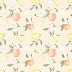 Watercolor pattern. Citrus. Lavender. Greece. Spain. Santorini. Texture. Juicy pattern. Lemon, orange. Home textile. Wallpaper. Wrapping paper.