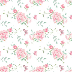 Peony watercolor pattern. Spring, blossom. Pink flowers. Birds. Textiles. Home textiles. Pink peonies. Delicate watercolor print. Wallpaper. Wrapping paper.