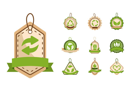 Green Brown Recycle Badge Tag Organic Leaf Stickers
