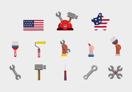Colorful Tools Hammer Wrench Star Flag Icons Set
