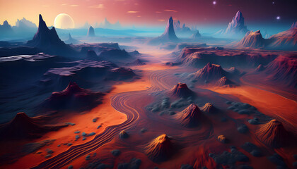 Alien Planet Landscape Breathtaking Sunset Over Martian like Desert and Volcanic Peaks
