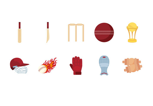 Red And Beige Cricket Sport Equipment Icons Set