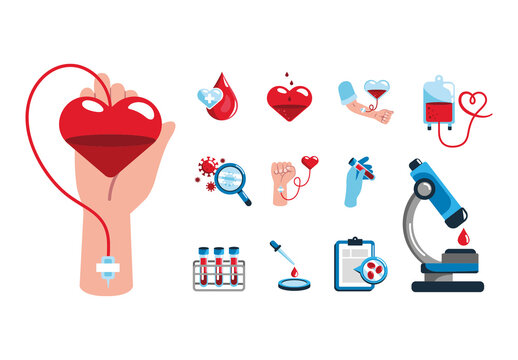 Red And Blue Medical Donation Microscope Blood Icons Set
