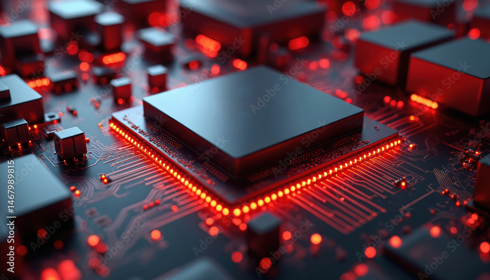 Aufkleber Highly detailed digital illustration of AI supercomputer CPU and GPU circuitry. Cinematic depth of field with high contrast lighting, circuits interconnection. Modern tech design.