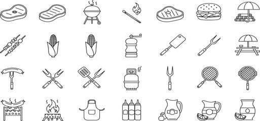 BBQ barbecue and grill related editable stroke outline icons set isolated on white background flat vector illustration.