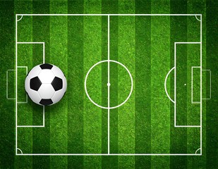 Obraz premium Aerial Soccer Field View Ball on Green Grass Pitch