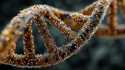 "Digital DNA strands intertwining with circuit boards, symbolizing bioinformatics, high-tech illustration 