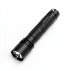 Fototapeta premium Black tactical led flashlight illuminated against a clean white background for versatile use